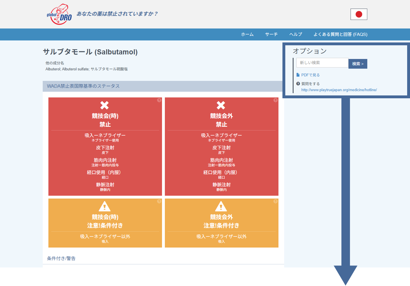 検索結果の画面。右上にオプションが表示されている。